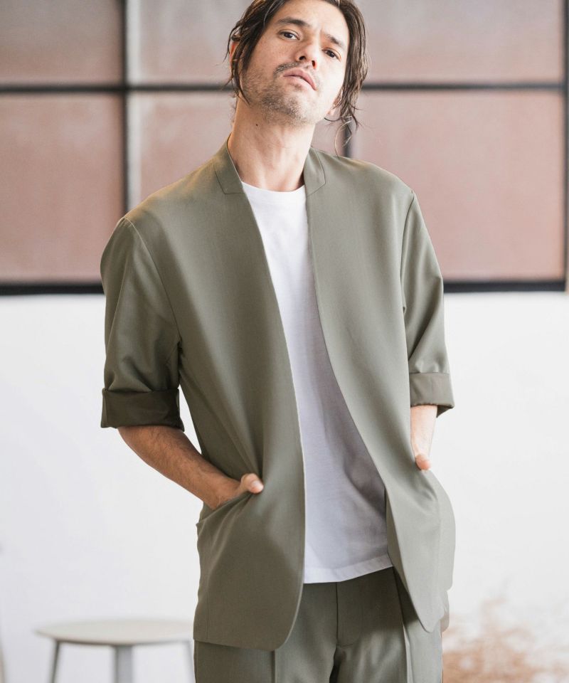 CAMBIO(カンビオ)】Stretch TR Minimal Collarless 3-4 Sleeve Easy Jacket ジャケット | CAMBIO  カンビオ