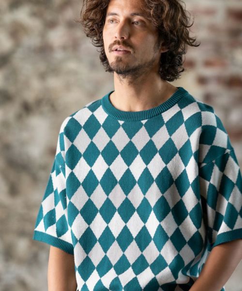 50%OFF【FACTOTUM(ファクトタム)】Classical Diamond 12G Short Sleeve Knit Pullover ニット(FTM-221-010)