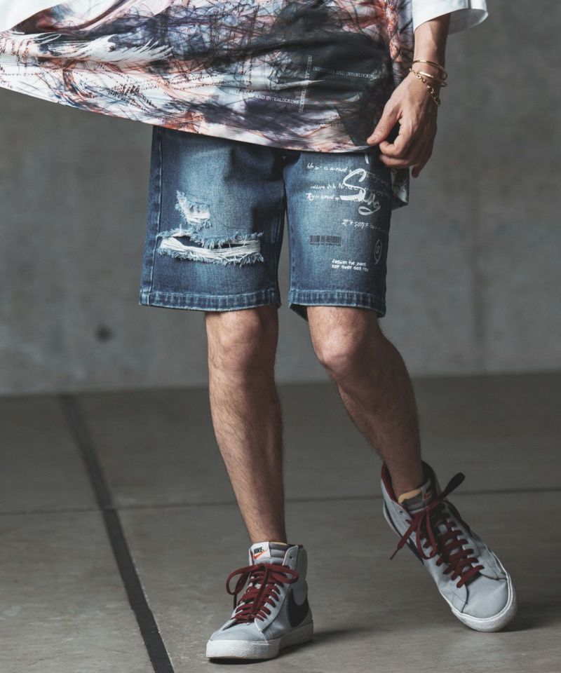 mp10068-Print & vintage processing design denim short pants