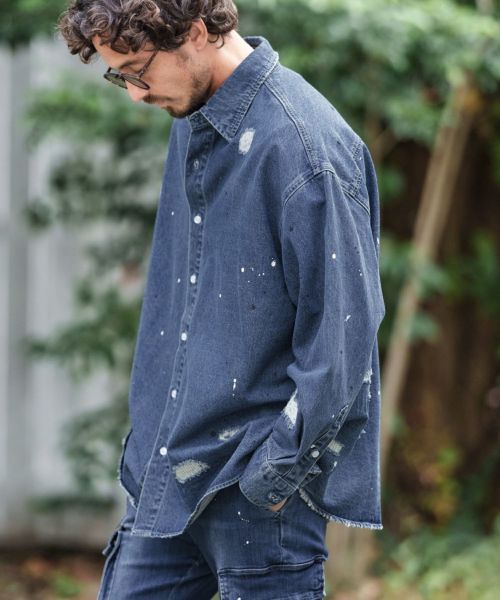 CAMBIO(カンビオ)】Distressed Paint Loose Denim Shirts デニムシャツ 