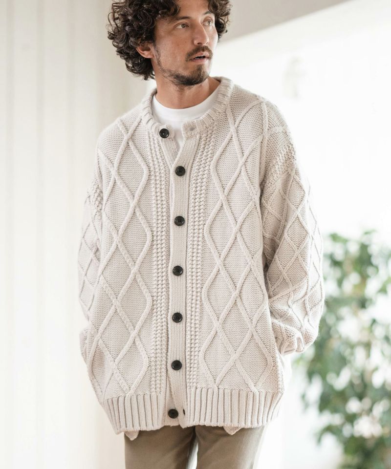 カーディガン mcg3286-DIAMOND CABLE CREW NECK KNIT CARDIGAN