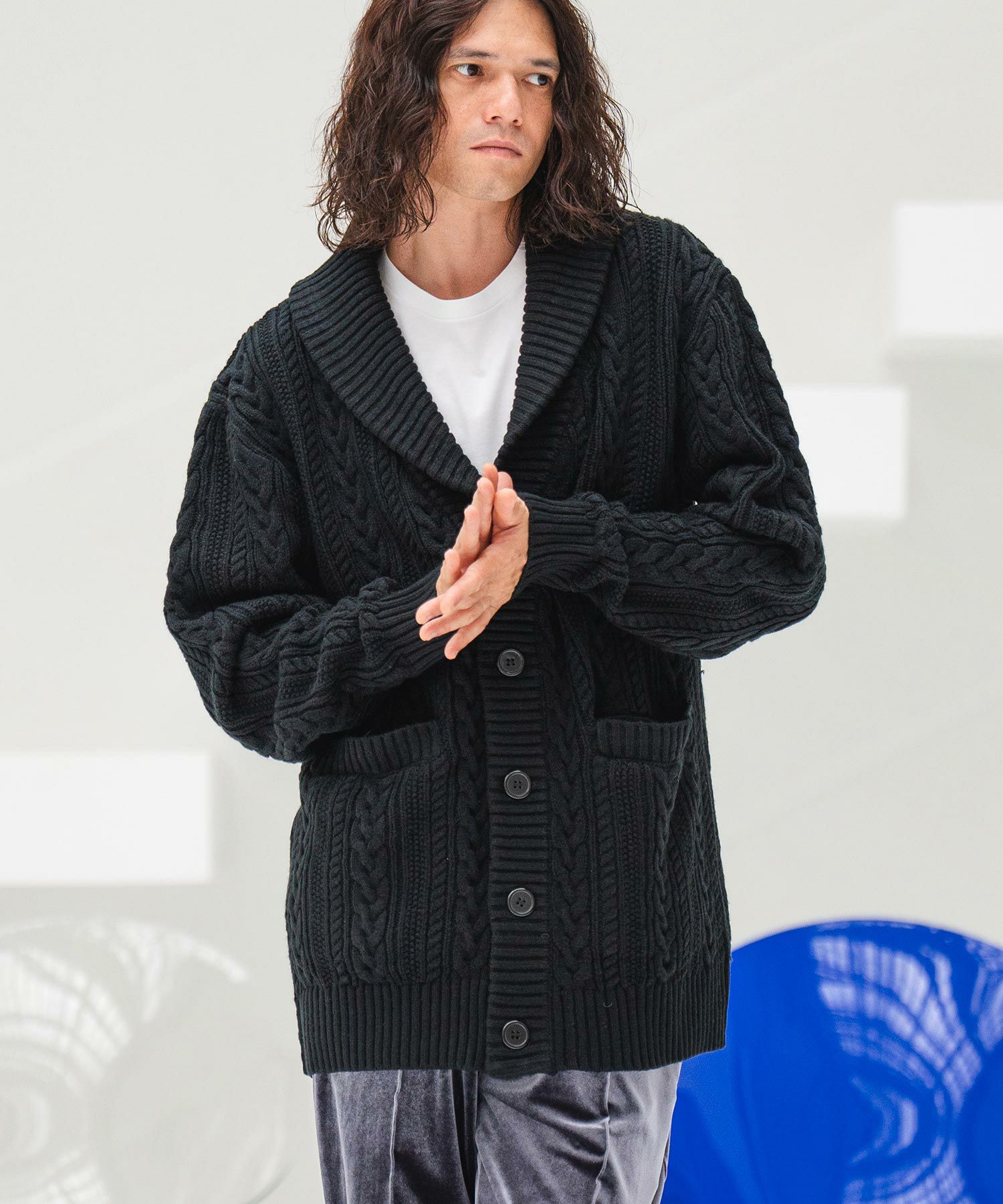 30%OFF【CAMBIO(カンビオ)】ショールカラーケーブルカーディガン(CMB 