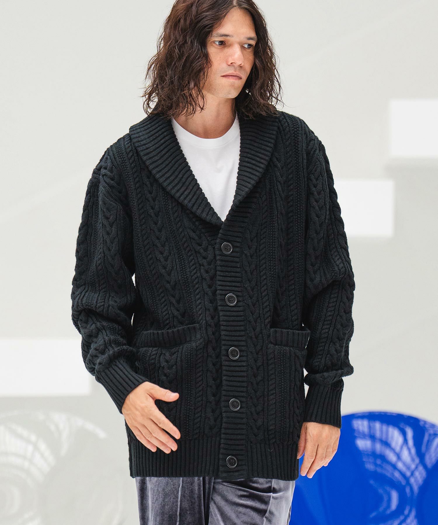 30%OFF【CAMBIO(カンビオ)】ショールカラーケーブルカーディガン(CMB 