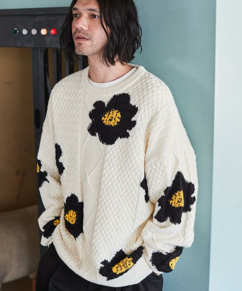 ADAM PATEK(アダムパテック)】Floral pattern cable crew neck ニット