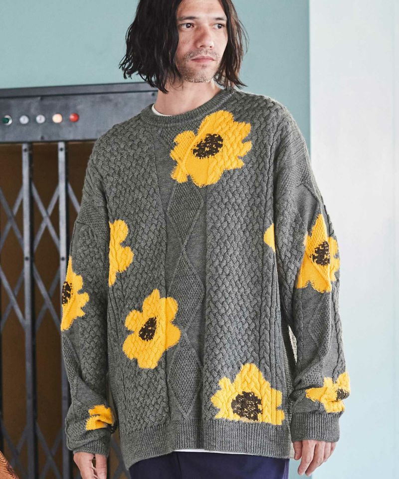 ADAM PATEK(アダムパテック)】Floral pattern cable crew neck ニット