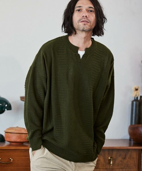 CAMBIO(カンビオ)】Geometric Stripe Jacquard Key Neck Pullover