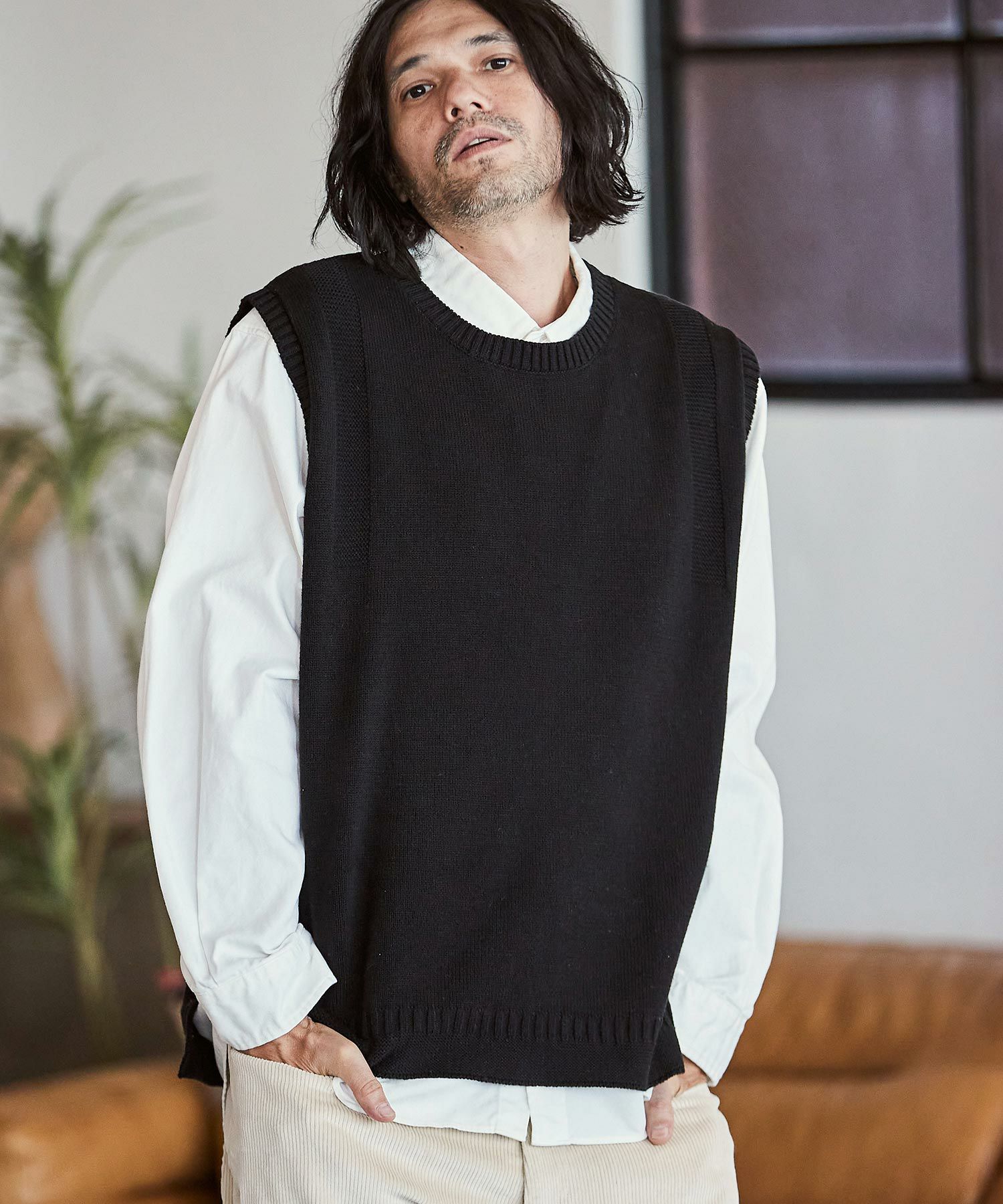 30%OFF【CAMBIO(カンビオ)】ライン編みクルーネックニットベスト 