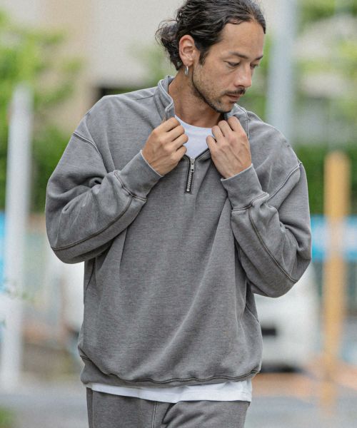 60%OFF【CAMBIO(カンビオ)】TC裏起毛オパール加工スウェットハーフZIPプルオーバー