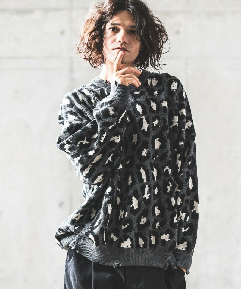 mn2864-Leopard pattern used like processing sweater セーター