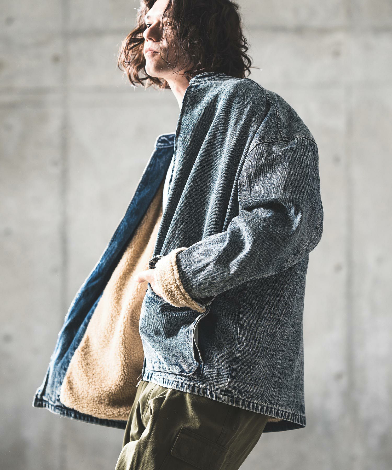 30%OFF【GLIMCLAP(グリムクラップ)】Denim × boa band collar jacket 