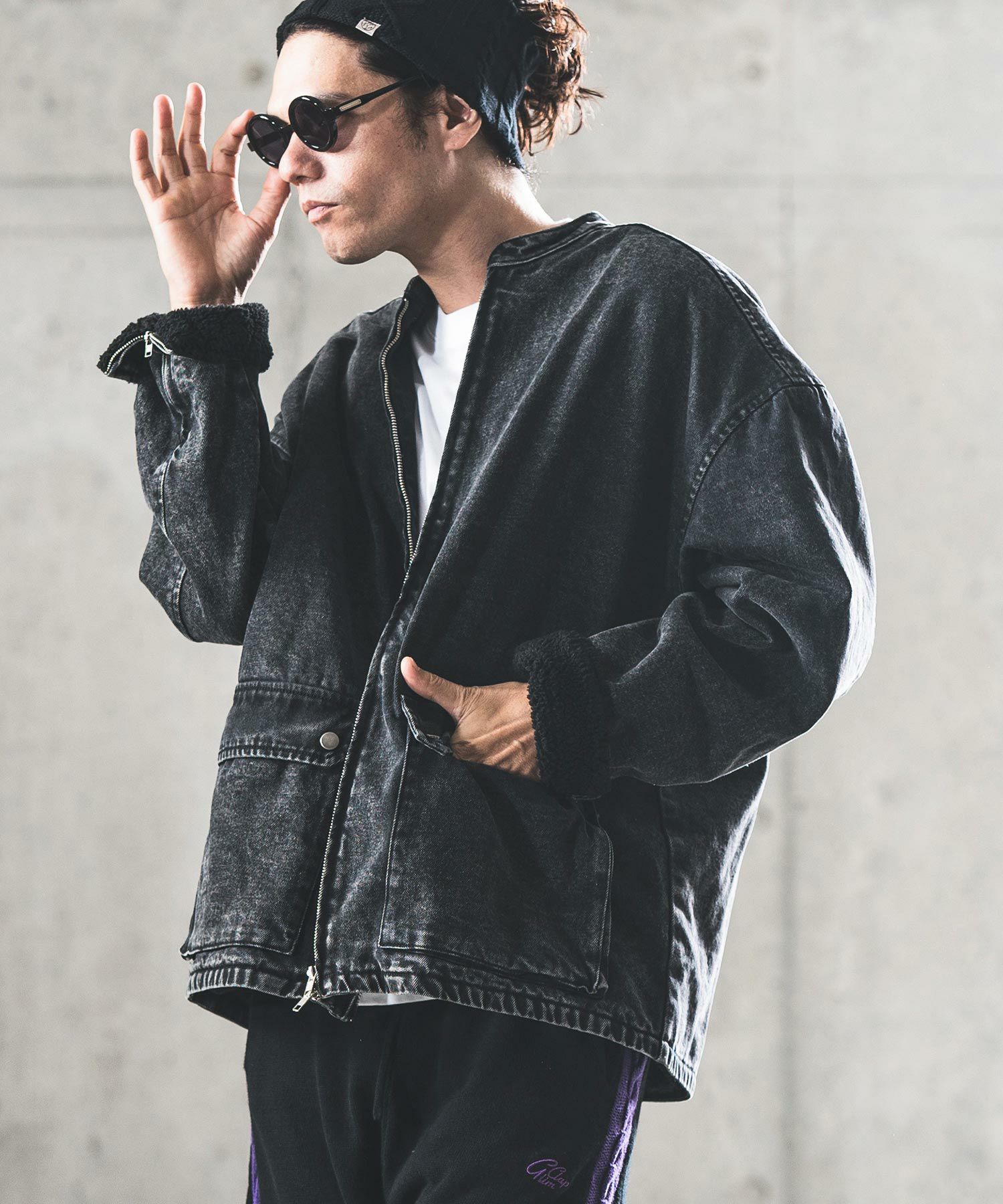 30%OFF【GLIMCLAP(グリムクラップ)】Denim × boa band collar jacket 