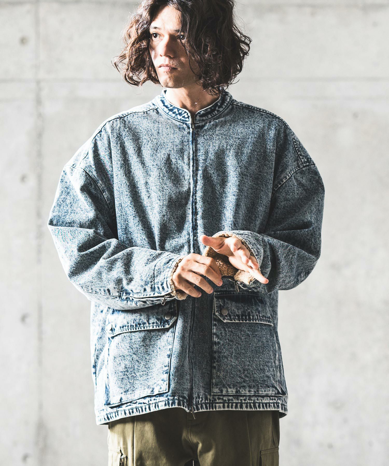 30%OFF【GLIMCLAP(グリムクラップ)】Denim × boa band collar jacket 