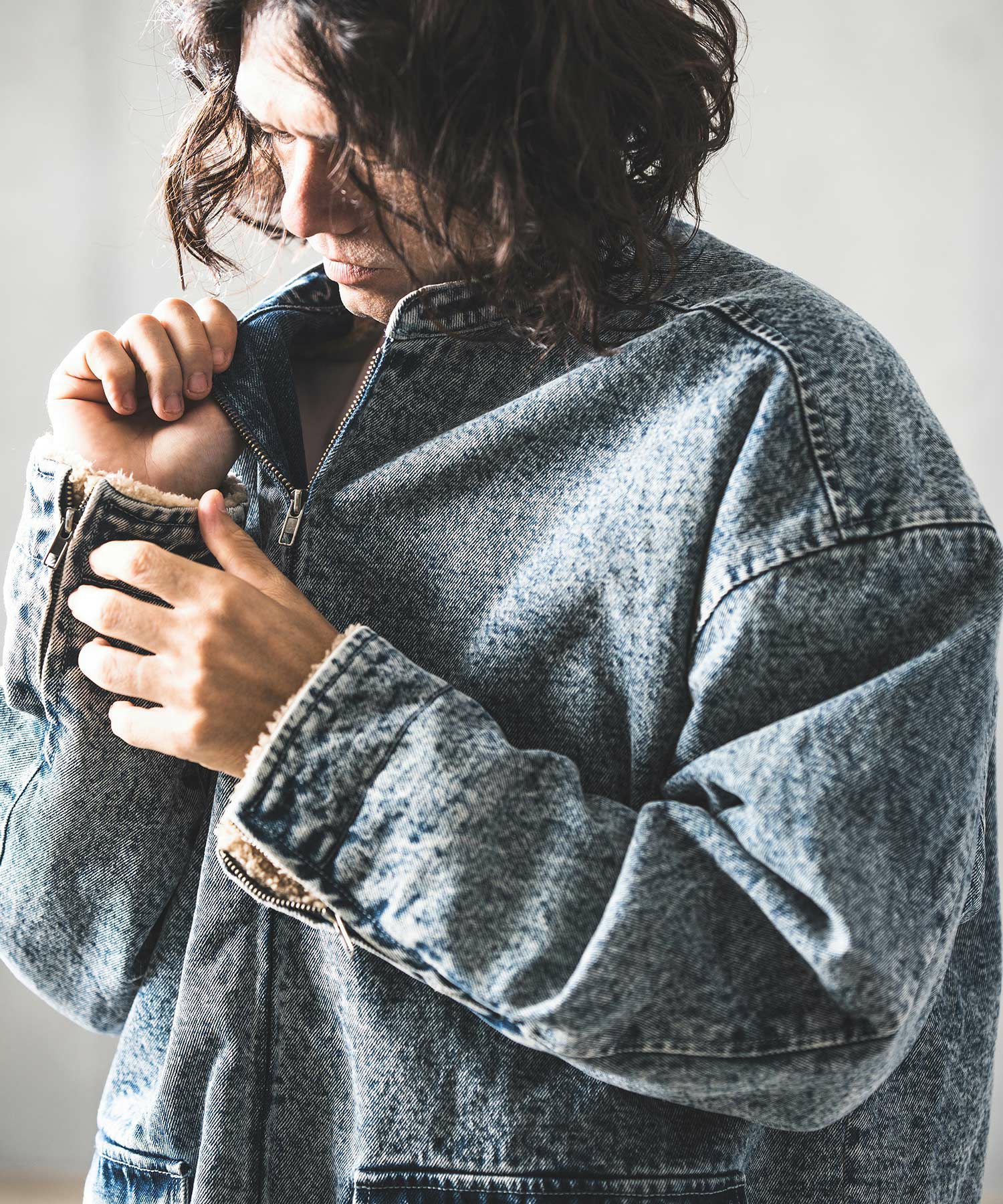 30%OFF【GLIMCLAP(グリムクラップ)】Denim × boa band collar jacket 