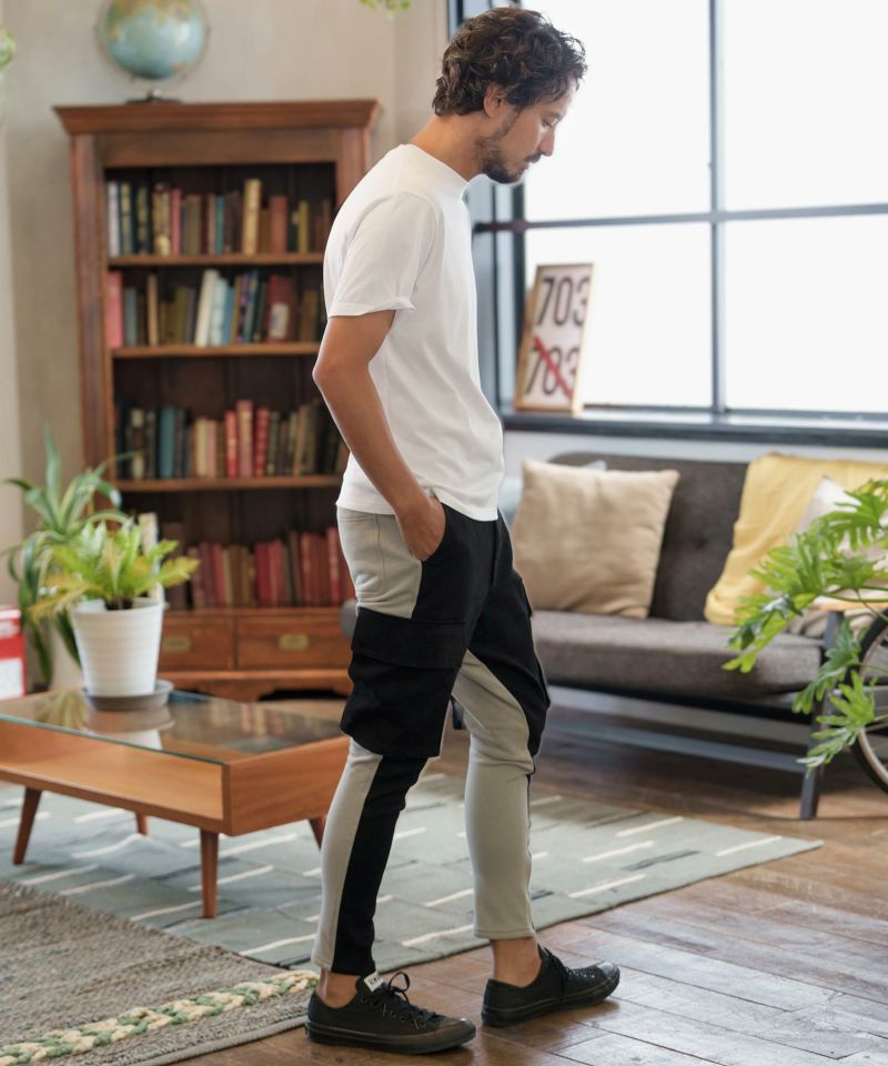 60%OFF【CAMBIO(カンビオ)】ツイル×裏毛スウェット異素材切替カーゴ