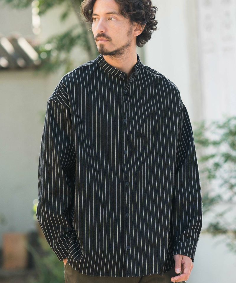 CAMBIO(カンビオ)】Stripe Denim Chemical Wash Band Collar Shirts シャツ(MIU-241-005)  | CAMBIO カンビオ