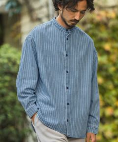 CAMBIO(カンビオ)】Stripe Denim Chemical Wash Band Collar Shirts シャツ(MIU-241-005)  | CAMBIO カンビオ