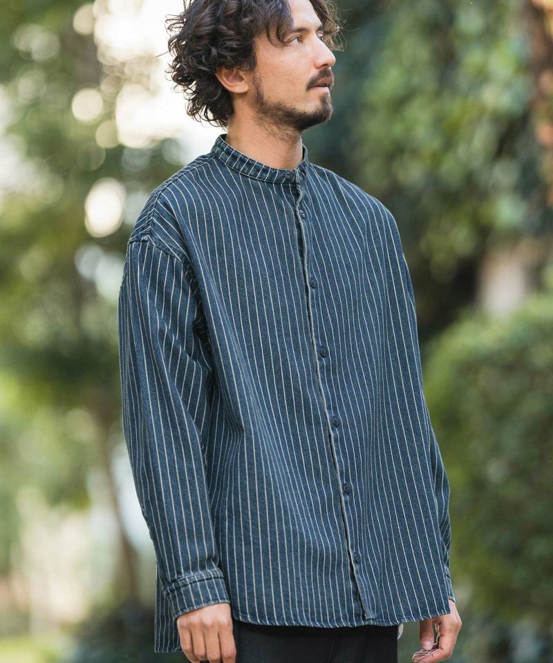 CAMBIO ストライプ 長袖シャツ 30%OFF【CAMBIO(カンビオ)】Stripe Denim Chemical Wash Band