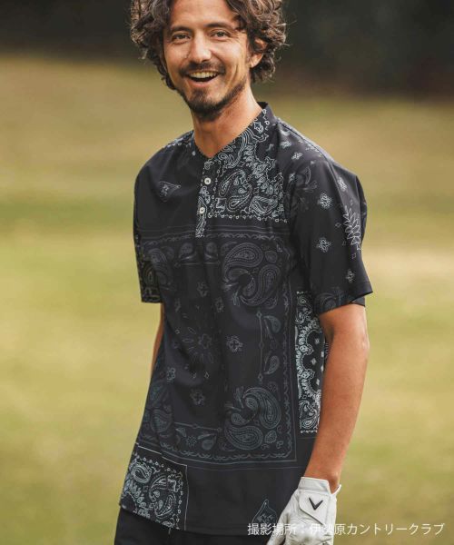 【1minute 1second(ワンミニットワンセカンド)】bandana pattern no-collar polo ポロシャツ(1M24H130)