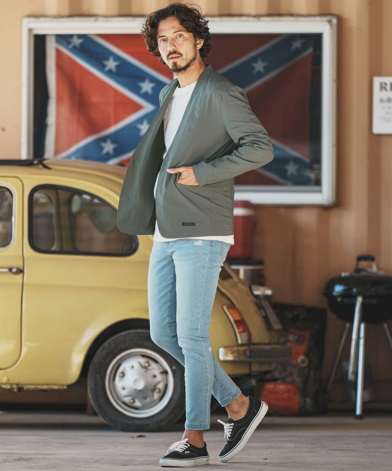 フィルコッド ノーカラージャケット ライダース felkod(フィルコッド)】Seersucker Collarless Jacket ノー