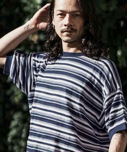【CAMBIO(カンビオ)】Random Border Short Sleeve Knit Pullover ニット(MIU-241-033)