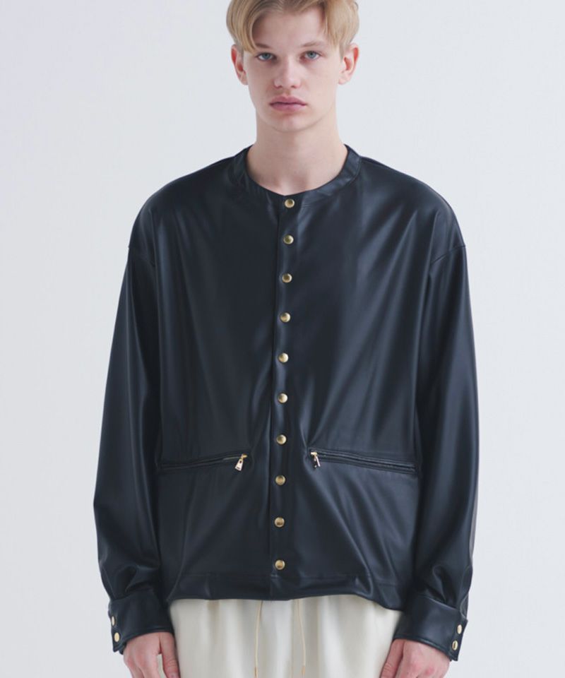 CULLNI(クルニ)】Faux Leather Dot Button Collarless Shirt Jacket