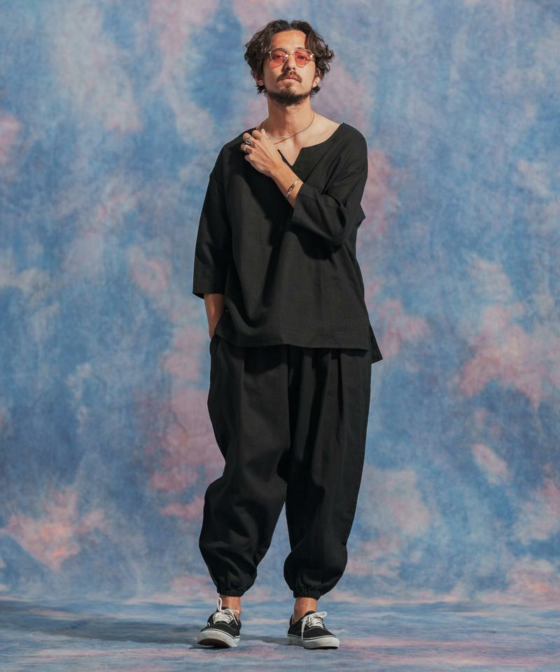 Jih Nuncコットンリネンキーネック7分袖プルオーバーシャツSサイズ　黒 Jih Nunc シャツ ms5919-コットンリネンキーネック7分袖プル