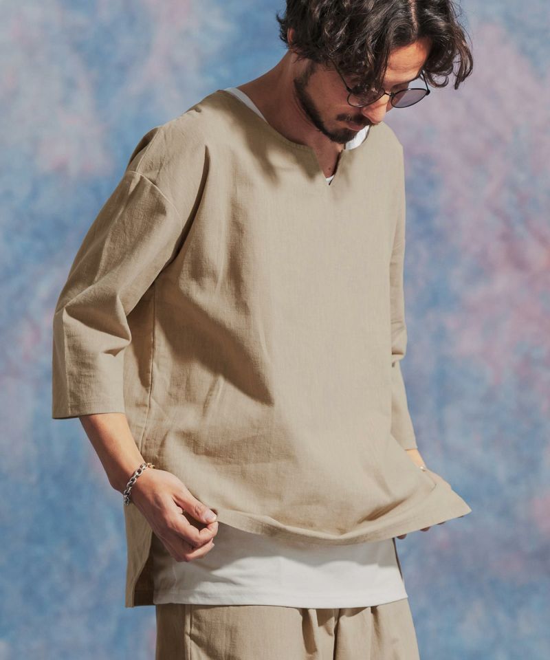 Jih Nunc コットンリネンプルオーバーシャツ Khaki L 30%OFF【Jih Nunc(ジーヌンク)】コットンリネンキーネック7分袖