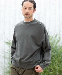 STONE *快適なスタイル*スウェットシャツ ダブグレー 50%OFF【CAMBIO(カンビオ)】裏毛製品染めダメージクルーネック
