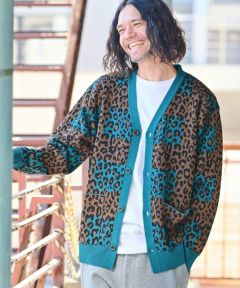 BEAMS+ レオパード柄カーディガン ネイビー系 トップス