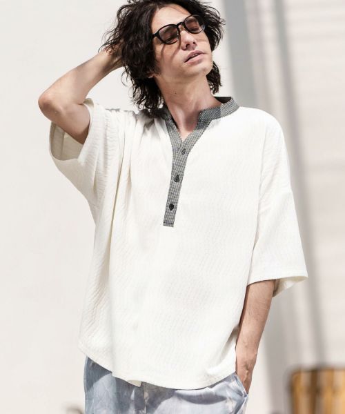 【CAMBIO(カンビオ)】Jacquard Combination Henley Neck Cut sew ヘンリーネックTシャツ(S27624cmb)