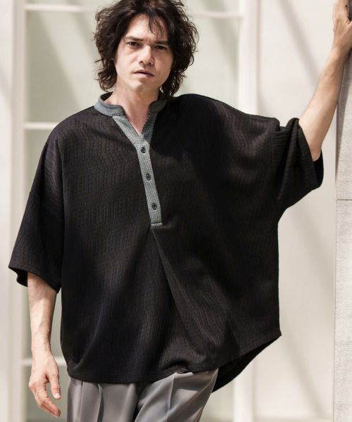 30%OFF【CAMBIO(カンビオ)】Jacquard Combination Henley Neck Cut sew ヘンリーネックTシャツ(S27624cmb)