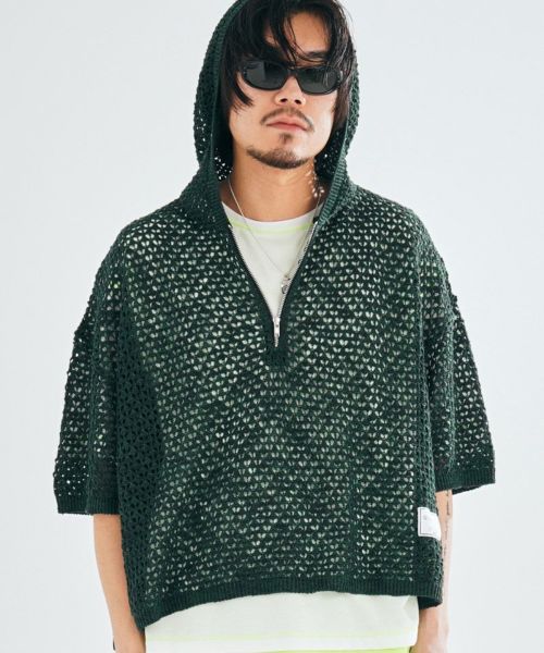 50%OFF【EFFECTEN(エフェクテン)】Slab Knit Half Zip Hoodie ニットフーディー(efdbdg-16)