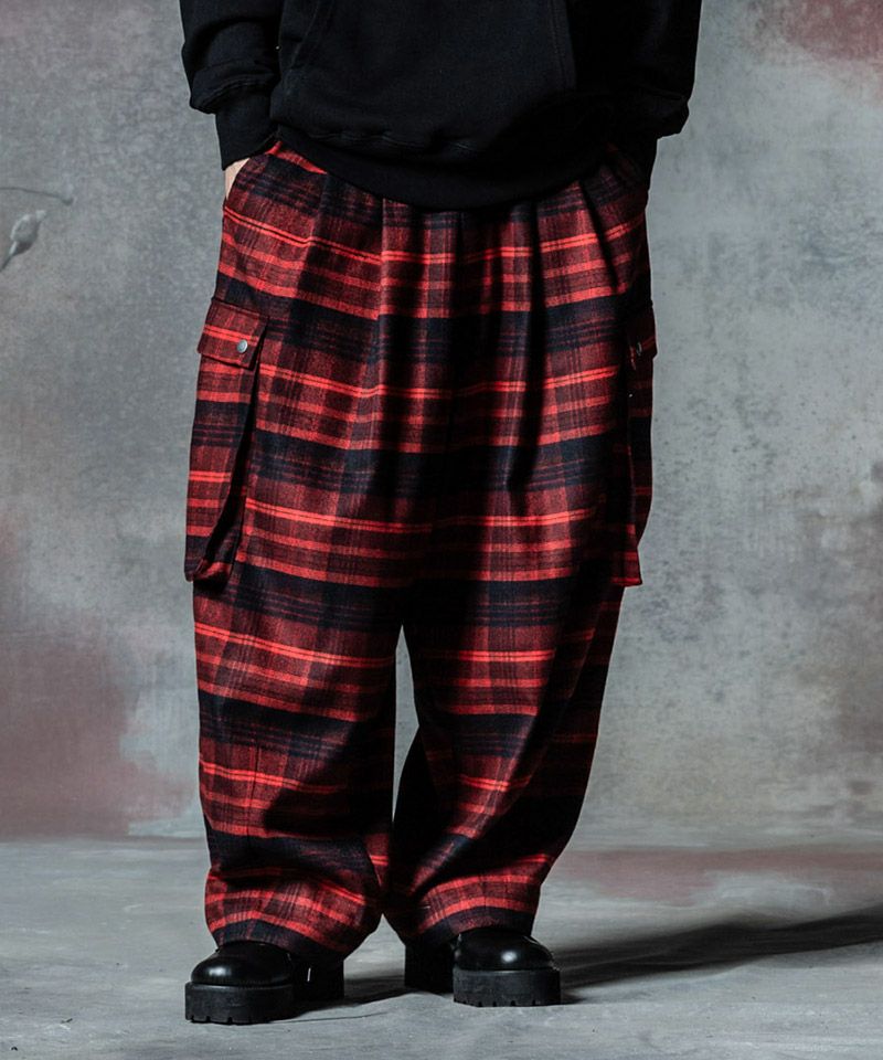 glamb グラム　ウール カーゴパンツ　チェック柄　レッド×ブラック系　4 20%OFF【glamb(グラム)】Check Baggy Cargo Pants チェックバギーカー