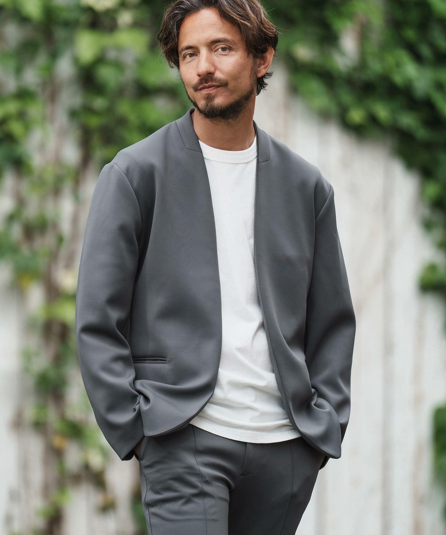 Magine グレー 過多 ストライプ ノーカラージャケット Mサイズ