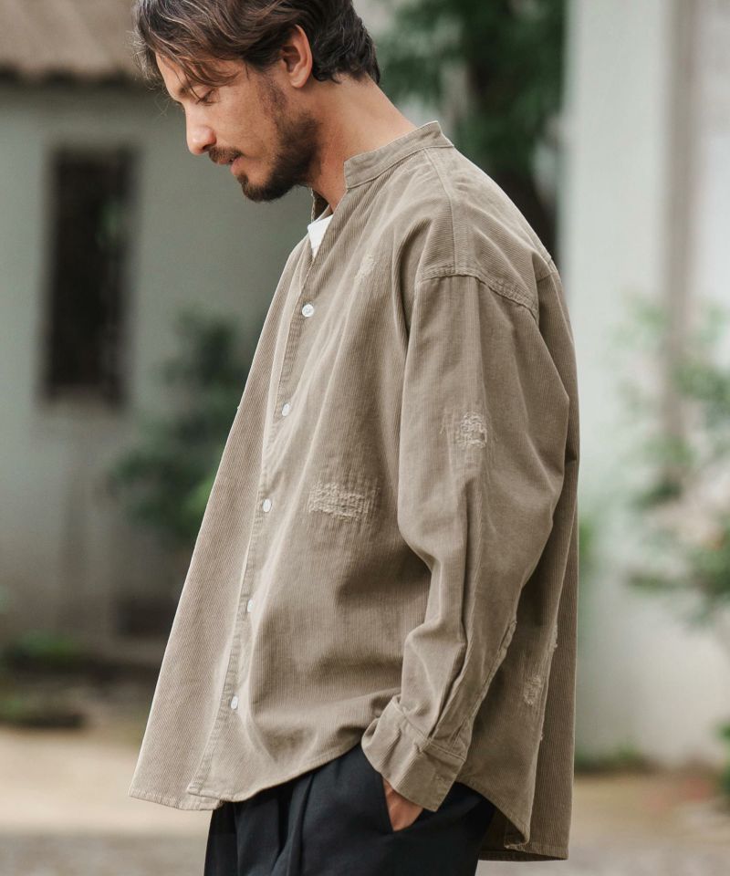 30%OFF【CAMBIO(カンビオ)】Corduroy Distressed Band Collar Shirts