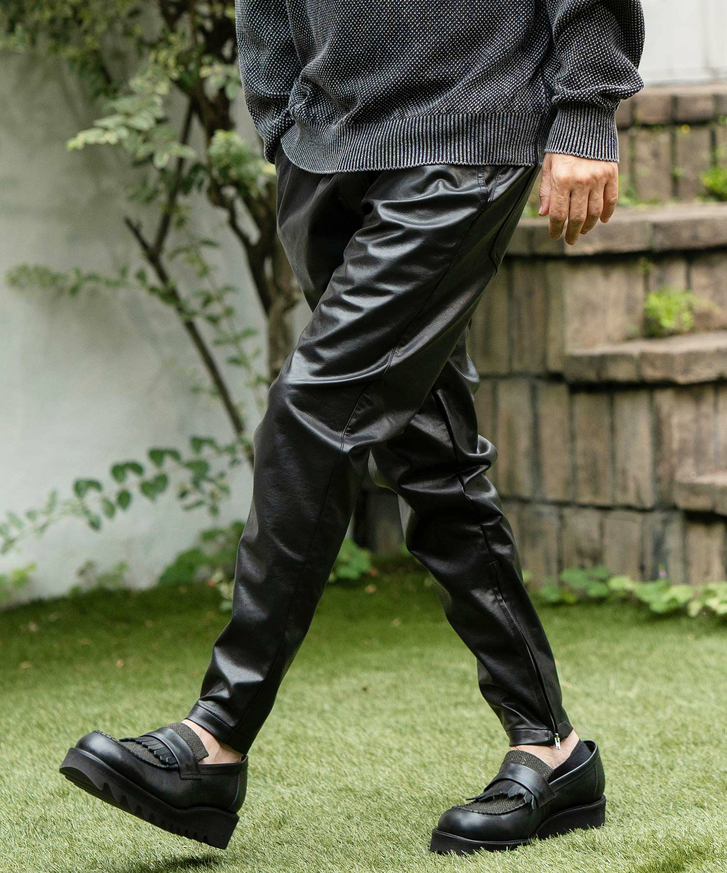 CAMBIO(カンビオ)】Vintage Like Synthetic Leather Side Zip Pants 