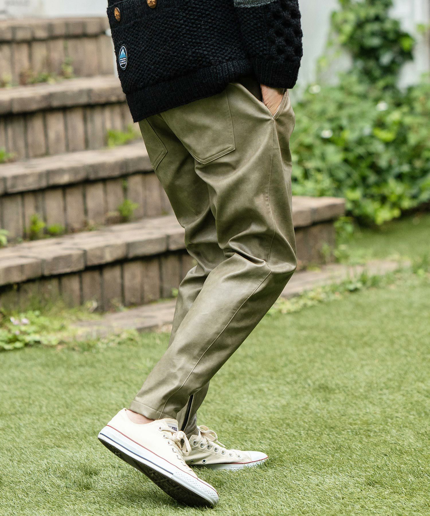 CAMBIO(カンビオ)】Vintage Like Synthetic Leather Side Zip Pants 