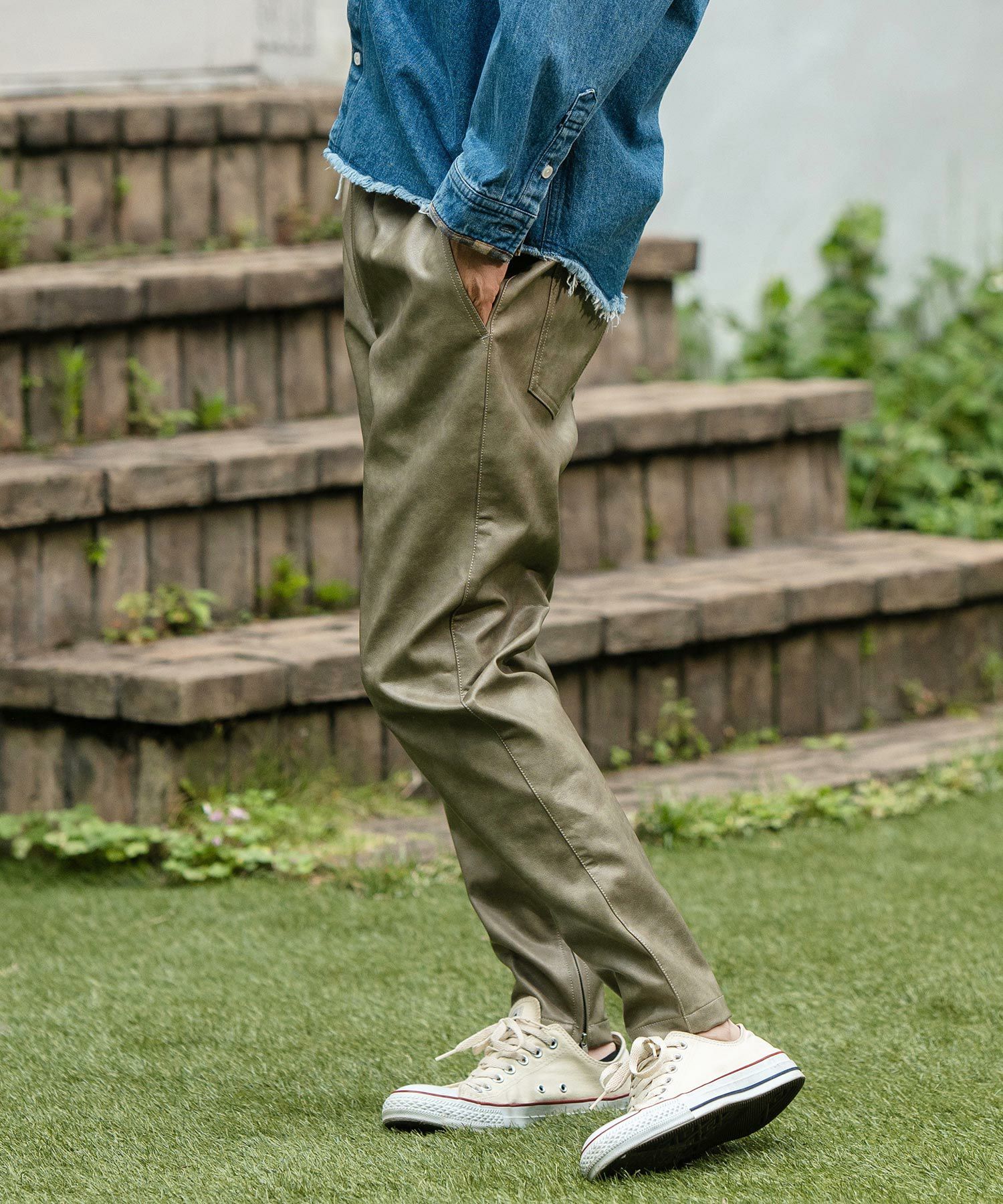 CAMBIO(カンビオ)】Vintage Like Synthetic Leather Side Zip Pants 