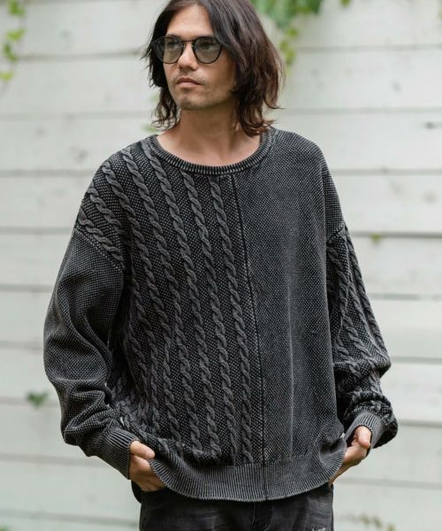 【CAMBIO(カンビオ)】Stonewashed Docking Crew Neck Knit Pullover クルーネックニット(MIU-242-010)