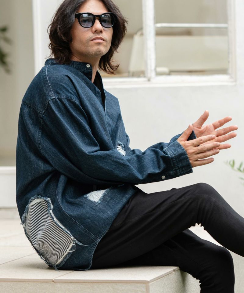 CAMBIO(カンビオ)】Distressed Hickory Repair Denim Shirts