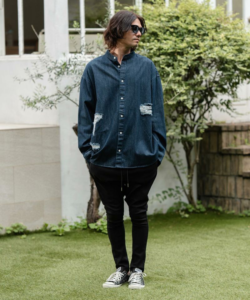 CAMBIO(カンビオ)】Distressed Hickory Repair Denim Shirts