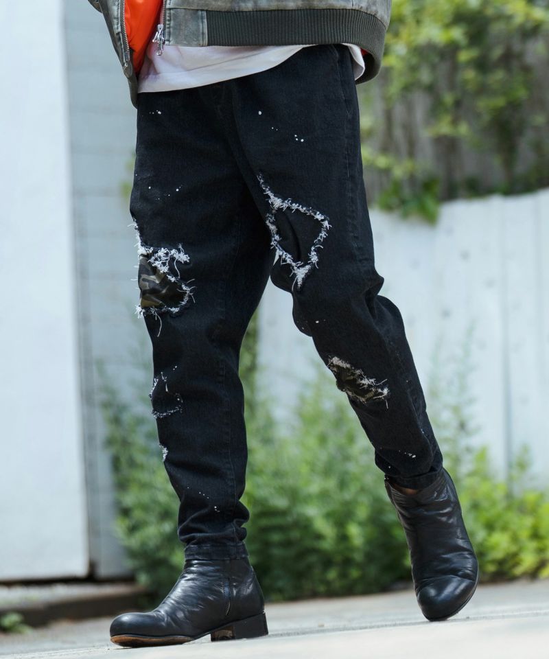 CAMBIO(カンビオ)】11oz Stretch Denim Camouflage Repaired Damaged Pants デニム テーパードパンツ(MIU-242-028)  | CAMBIO カンビオ