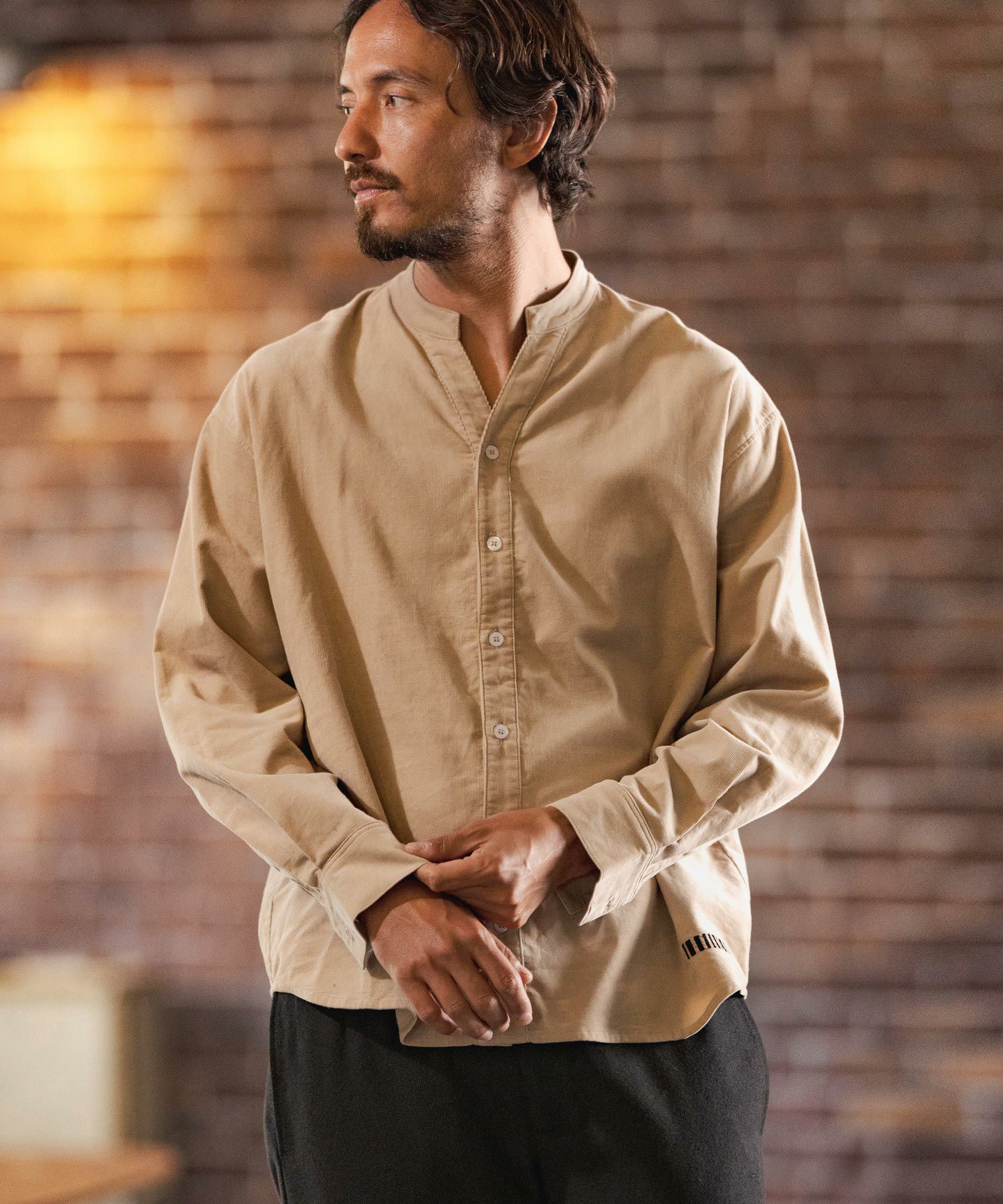 felkod(フィルコッド)】Fine Ribbed Corduroy Band Collar Shirts 