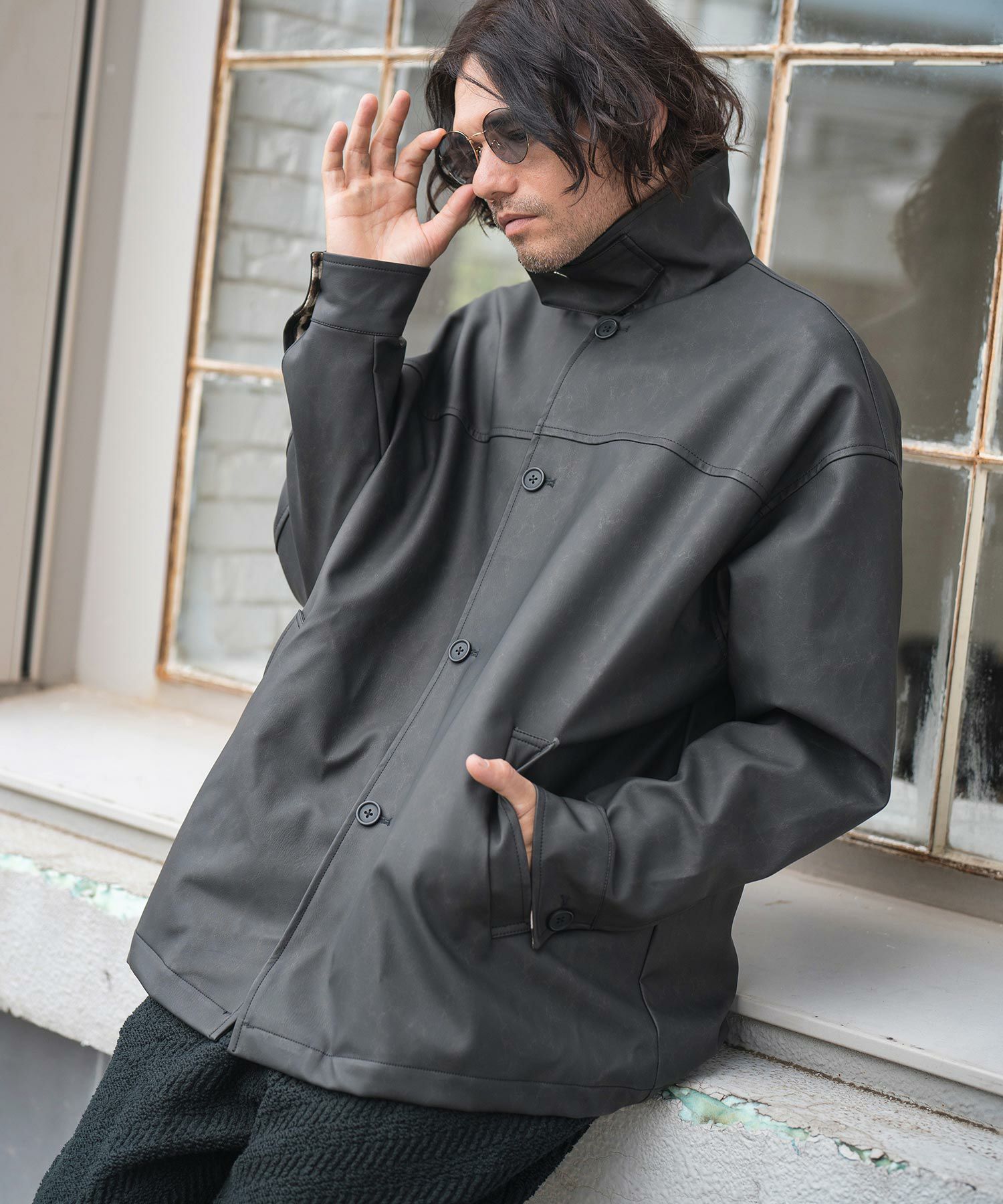 CAMBIO(カンビオ)】 Vintage Like Synthetic Leather Half Coat レザー 