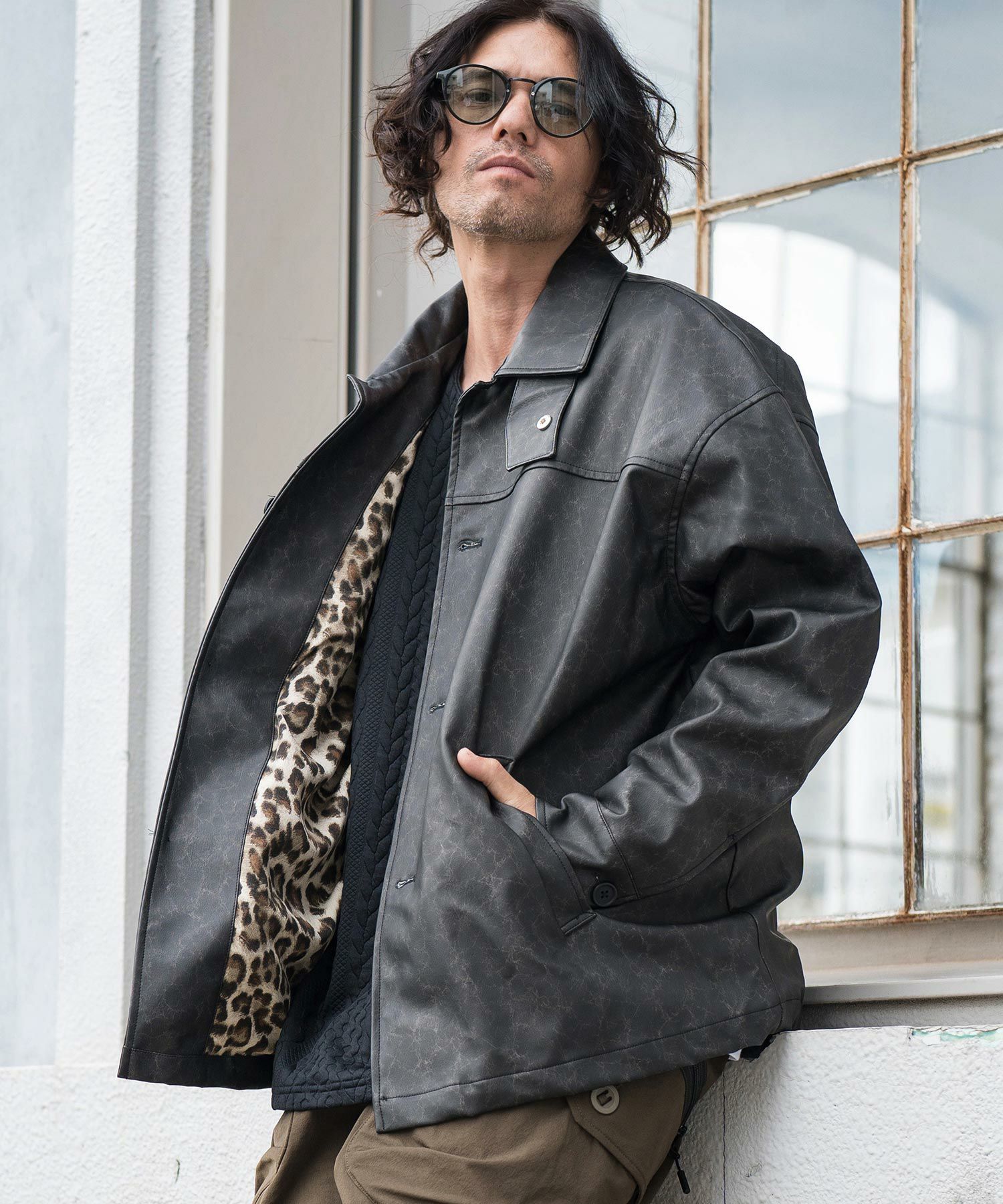 CAMBIO(カンビオ)】 Vintage Like Synthetic Leather Half Coat レザー  