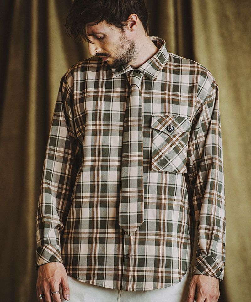 60%OFF【NO ID.(ノーアイディー)】ﾈｸﾀｲ付ﾁｪｯｸSH シャツ(855006-856S