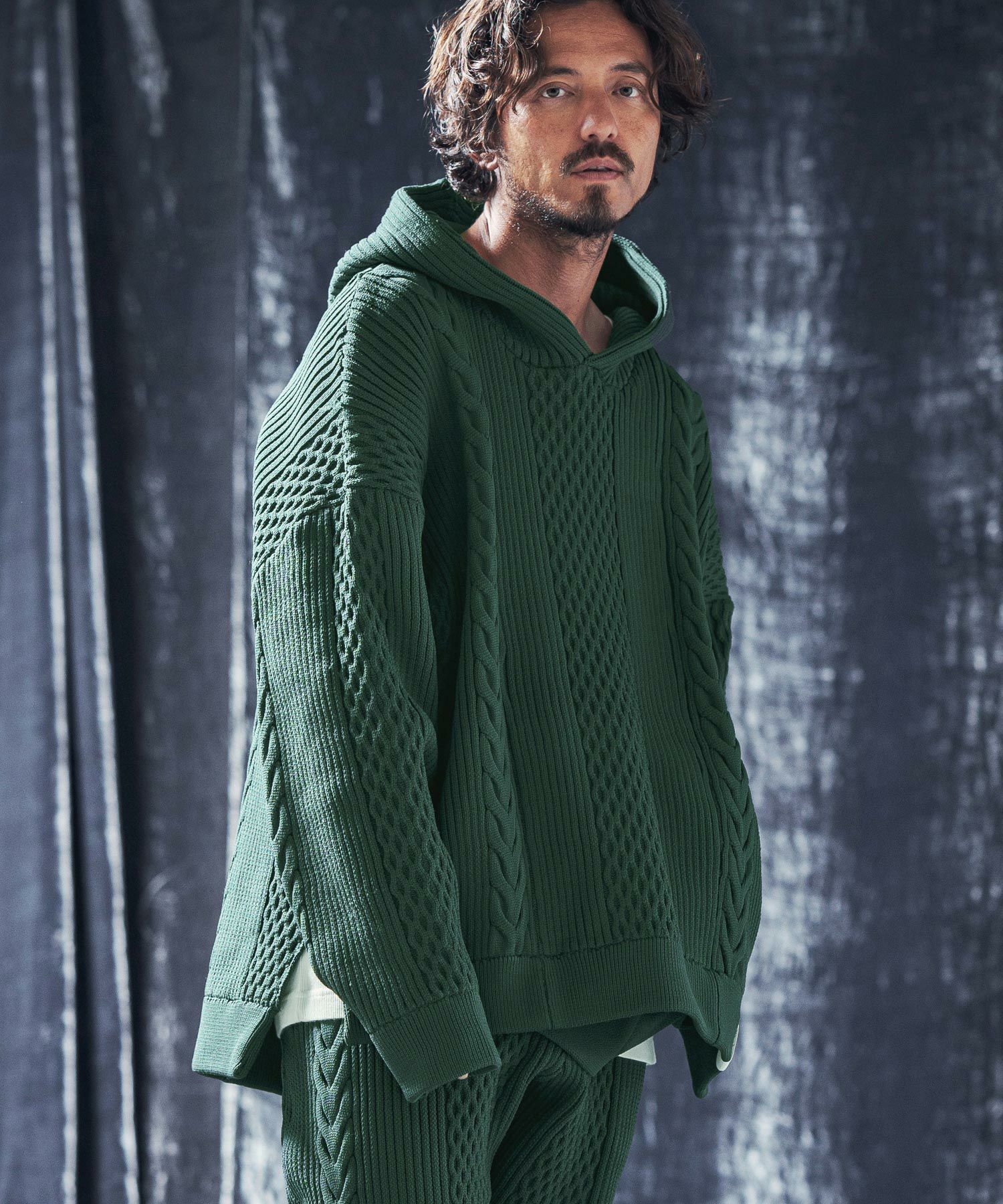 ANGENEHM(アンゲネーム)】Light yarn cable stitch knit hoodie ニット 