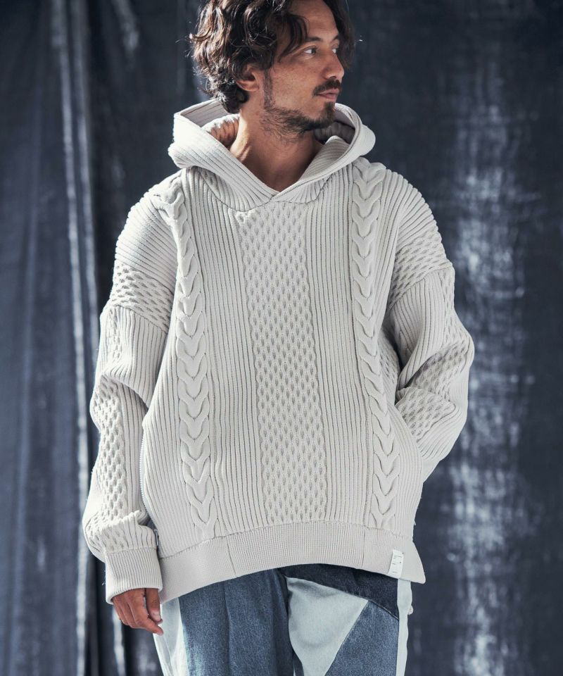 ねむページ ANGENEHM(アンゲネーム)】Light yarn cable stitch knit hoodie