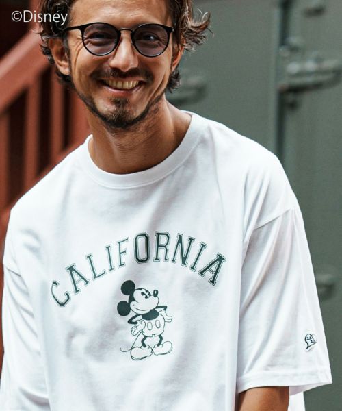 【1minute 1second(ワンミニットワンセカンド)】Mickey mouse - california print　half sleeve cut sew Tシャツ(1M24F190)