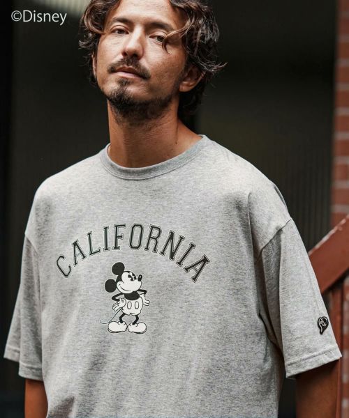 【1minute 1second(ワンミニットワンセカンド)】Mickey mouse - california print　half sleeve cut sew Tシャツ(1M24F190)